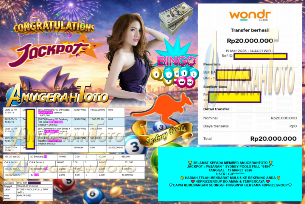 ANUGERAHTOTO JACKPOT PASARAN ”SYDNEY POOLS FULL 6494” Rp 20.000.000,- LUNAS