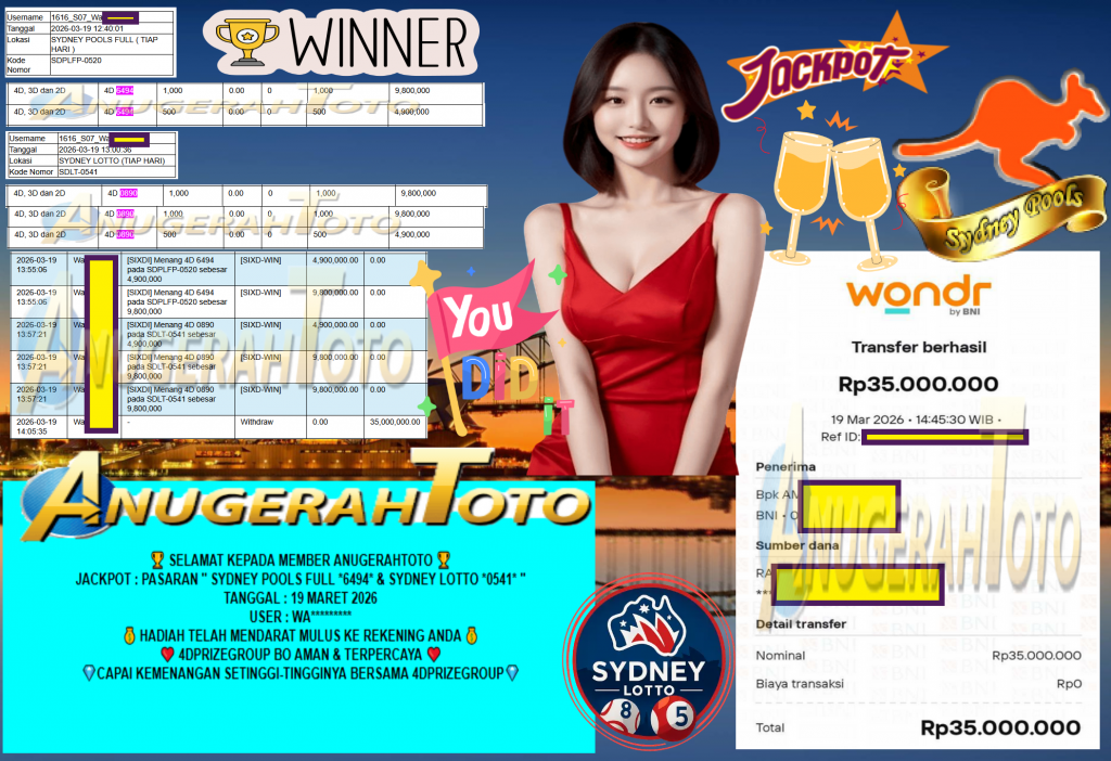 ANUGERAHTOTO JACKPOT PASARAN ”SYDNEY POOLS FULL 6494 & SYDNEY LOTTO 0541” Rp 35.000.000,- LUNAS