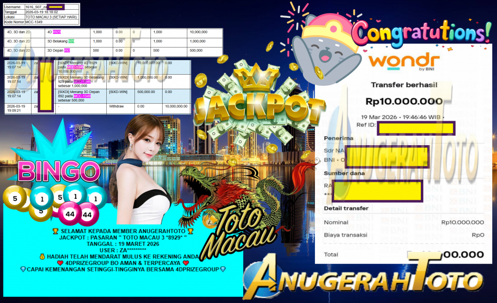 ANUGERAHTOTO JACKPOT PASARAN ”TOTO MACAU 3 8929” Rp10.000.000,- LUNAS