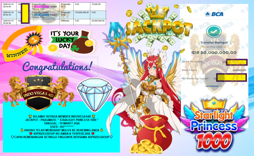 INDOVEGAS4D JACKPOT PRAGMATIC ”STARLIGHT PRINCESS 1000” Rp100.000.000,- LUNAS