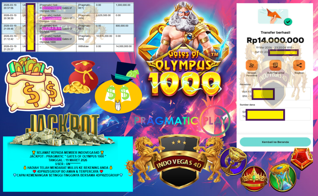 INDOVEGAS4D JACKPOT PRAGMATIC ”GATES OF OLYMPUS 1000” Rp14.000.000,- LUNAS