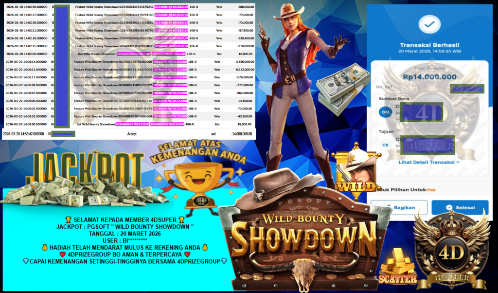 4DSUPER JACKPOT PGSOFT ” WILD BOUNTY SHOWDOWN ” Rp 14.000.000,- LUNAS