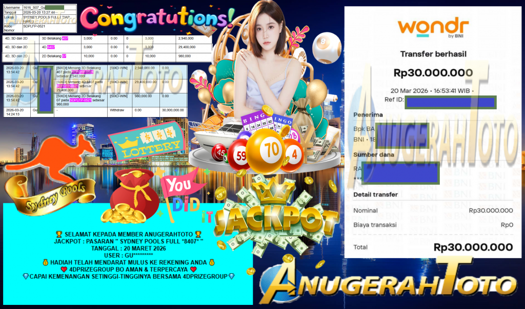 ANUGERAHTOTO JACKPOT PASARAN SYDNEY POOLS (TIAP HARI) ” 8407 ” Rp 30.000.000,- LUNAS