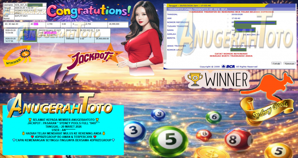 ANUGERAHTOTO JACKPOT PASARAN SYDNEY POOLS (TIAP HARI) ” 8407 ” Rp 26.900.000,- LUNAS