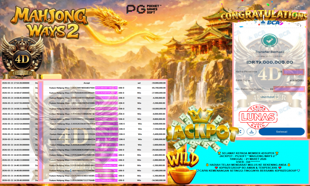 4DSUPER JACKPOT PGSOFT “MAHJONG WAYS 2″ Rp19.000.000,- LUNAS