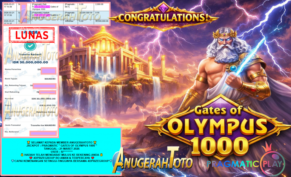 ANUGERAHTOTO JACKPOT PRAGMATIC “GATES OF OLYMPUS 1000″ Rp30.000.000,- LUNAS
