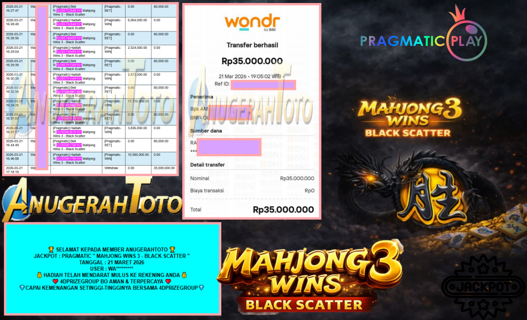 ANUGERAHTOTO JACKPOT PRAGMATIC “MAHJONG WINS 3 – BLACK SCATTER″ Rp35.000.000,- LUNAS