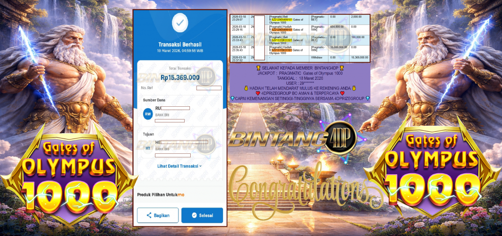 BINTANG4DP JACKPOT PRAGMATIC ” Gates of Olympus 1000 ” Rp 15,369,000.00,- LUNAS