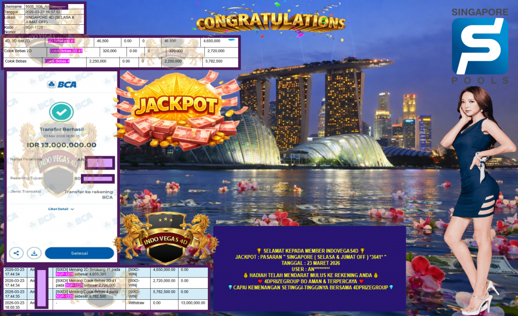INDOVEGAS4D JACKPOT PASARAN SINGAPORE ( SELASA & JUMAT OFF ) ”3641” Rp 13.000.000,- LUNAS
