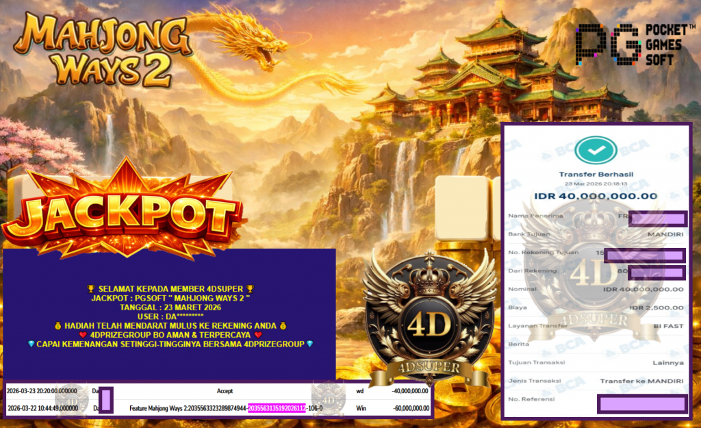 4DSUPER JACKPOT PGSOFT ”MAHJONG WAYS 2” Rp 40.000.000,- LUNAS