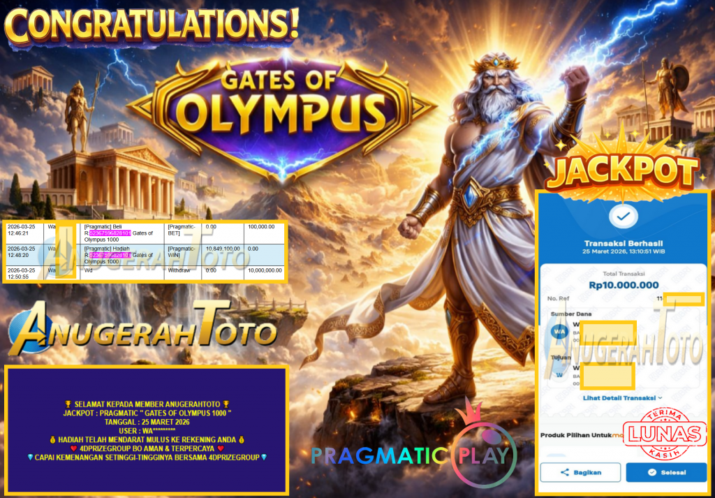 ANUGERAHTOTO JACKPOT PRAGMATIC ”GATES OF OLYMPUS 1000” Rp 10,000,000.,- LUNAS