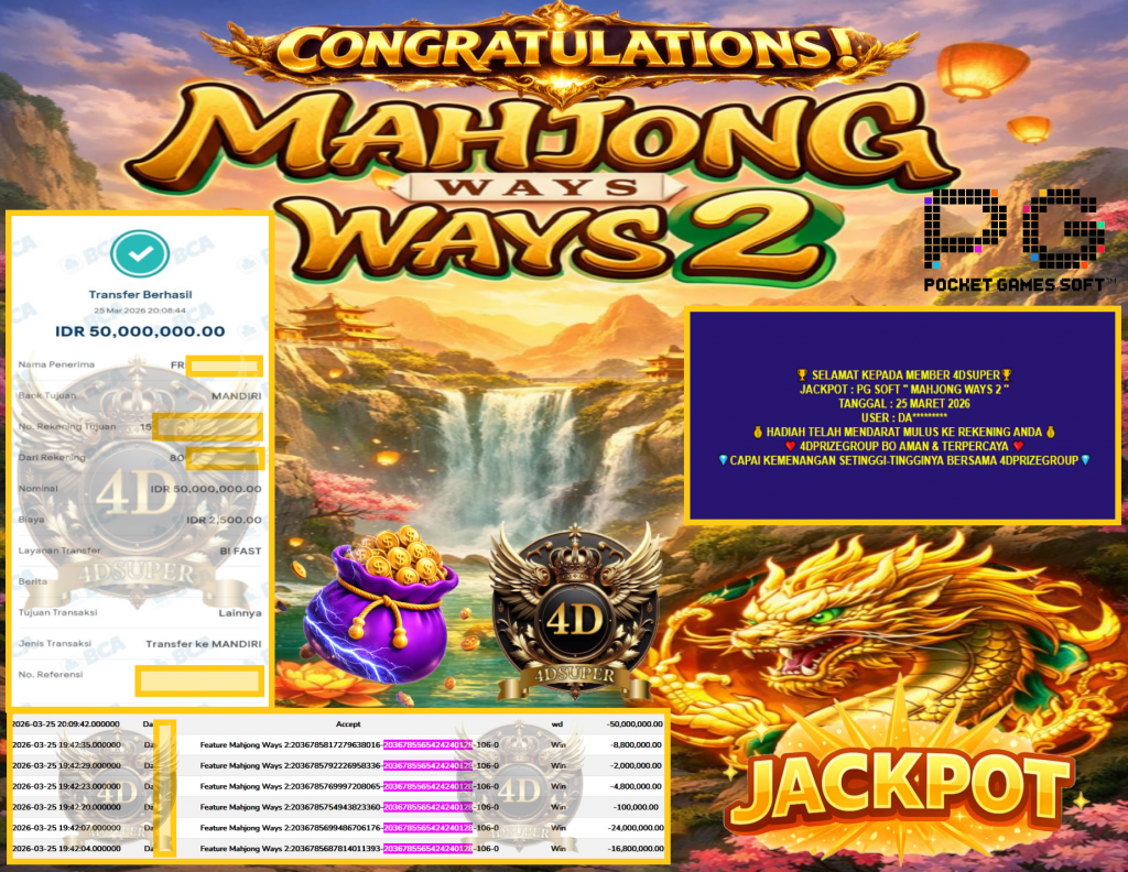 4DSUPER JACKPOT PG SOFT ”MAHJONG WAYS 2” Rp50,000,000.,- LUNAS