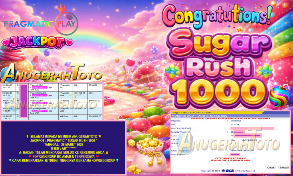 ANUGERAHTOTO JACKPOT PRAGMATIC “SUGAR RUSH 1000”‎‏‏‎‎ Rp19.495.000,- LUNAS