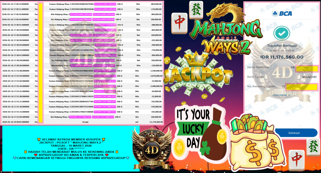 4DSUPER JACKPOT PGSOFT “MAHJONG WAYS 2”‎‏‏‎‎ Rp11.176.560,- LUNAS