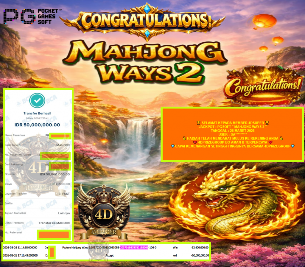 4DSUPER JACKPOT PGSOFT “MAHJONG WAYS 2”‎‏‏‎‎ Rp50.000.000,- LUNAS