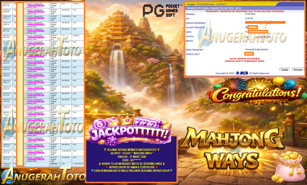 ANUGERAHTOTO JACKPOT PGSOFT “MAHJONG WAYS”‎‏‏‎‎ Rp11.000.000,- LUNAS