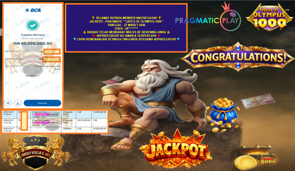 INDOVEGAS4D JACKPOT PRAGMATIC “GATES OF OLYMPUS 1000”‎‏‏‎‎ Rp50.000.000,- LUNAS