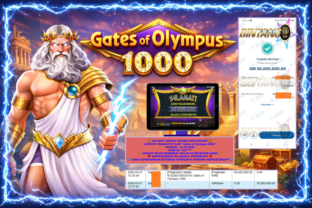 BINTANG4DP JACKPOT PRAGMATIC SLOT “Gates of Olympus 1000” Rp 30.000.000,- LUNAS