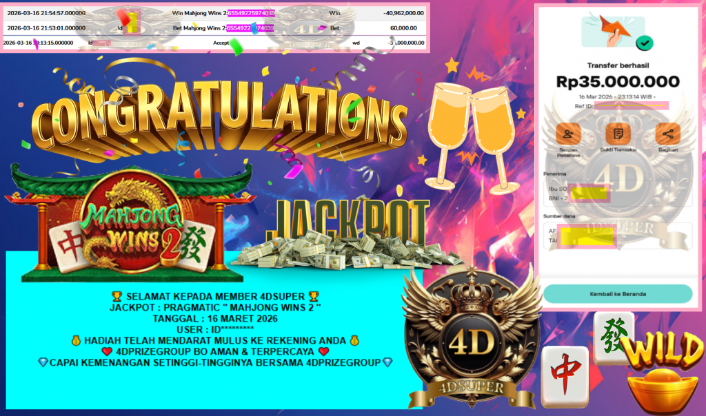 4DSUPER JACKPOT PRAGMATIC “MAHJONG WINS 2” Rp35.000.000,- LUNAS