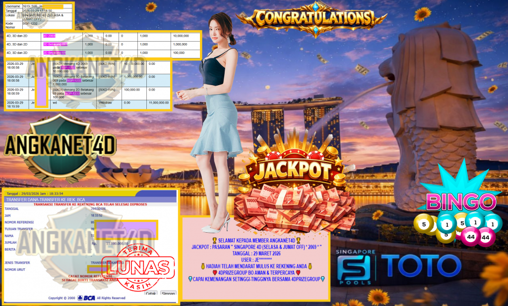 ANGKANET4D JACKPOT PASARAN “SINGAPORE 4D (SELASA & JUMAT OFF) *2069* ”‎‏‏‎‎ Rp11.000.000,- LUNAS