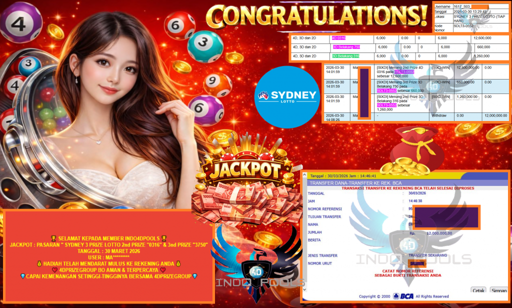 INDO4DPOOLS JACKPOT PASARAN “SYDNEY 3 PRIZE LOTTO 2nd PRIZE “0316” & 3nd PRIZE “3750” ″‎‏‏‎‎ Rp12.000.000,- LUNAS