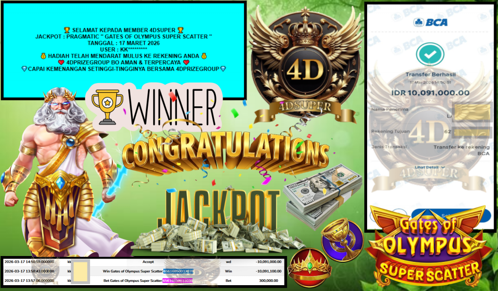 4DSUPER JACKPOT PRAGMATIC “GATES OF OLYMPUS SUPER SCATTER”‎‏‏‎‎ Rp10.091.000,- LUNAS