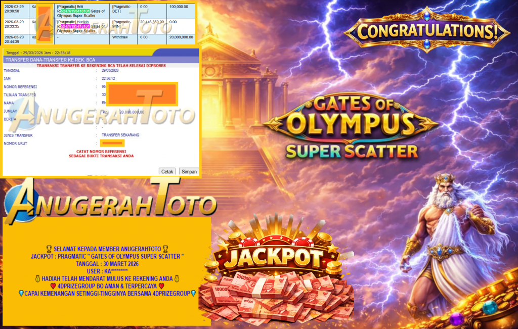 ANUGERAHTOTO JACKPOT PRAGMATIC “GATES OF OLYMPUS SUPER SCATTER“ Rp20.000.000,- LUNAS