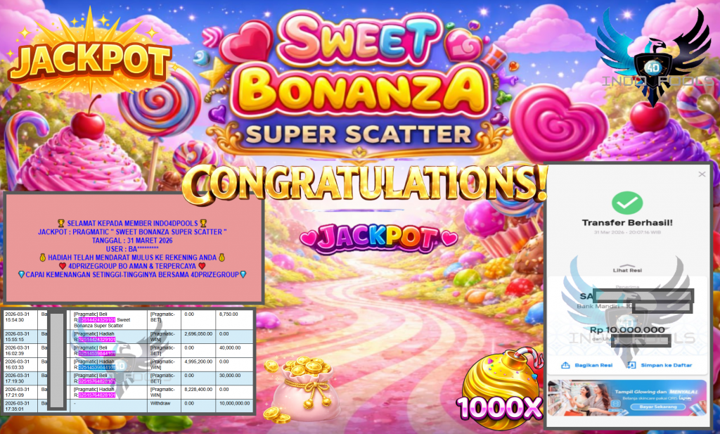 INDO4DPOOLS JACKPOT PRAGMATIC “SWEET BONANZA SUPER SCATTER”‎‏‏‎‎ Rp10.000.000,- LUNAS