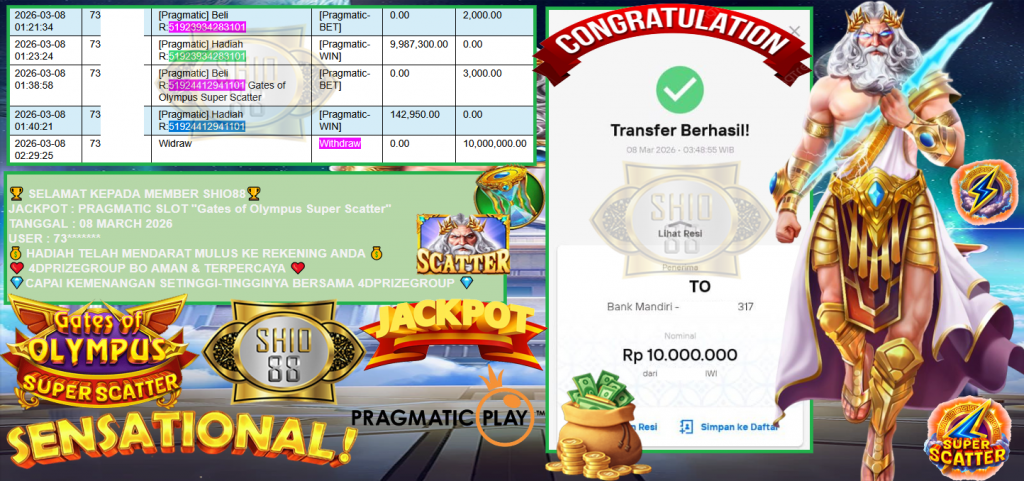 SHIO88 JACKPOT PRAGMATIC SLOT ”Gates of Olympus Super Scatter” Rp10,000.000,- LUNAS