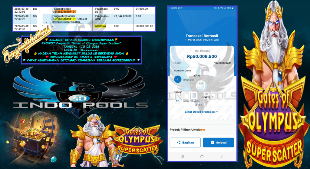 INDO4DPOOLS JACKPOT PRAGMATIC “Gates of Olympus Super Scatter” Rp50.000.000,- LUNAS