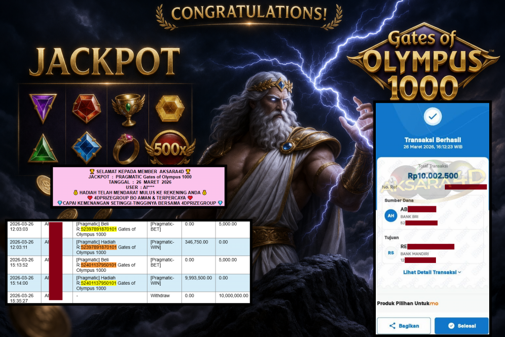 AKSARA4D JACKPOT PRAGMATIC “Gates of Olympus 1000″‎‏‏‎‎ Rp10.000.000,- LUNAS