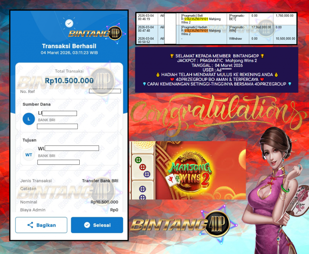 BINTANG4DP JACKPOT PRAGMATIC ” Mahjong Wins 2 ” Rp 21,000,000,- LUNAS