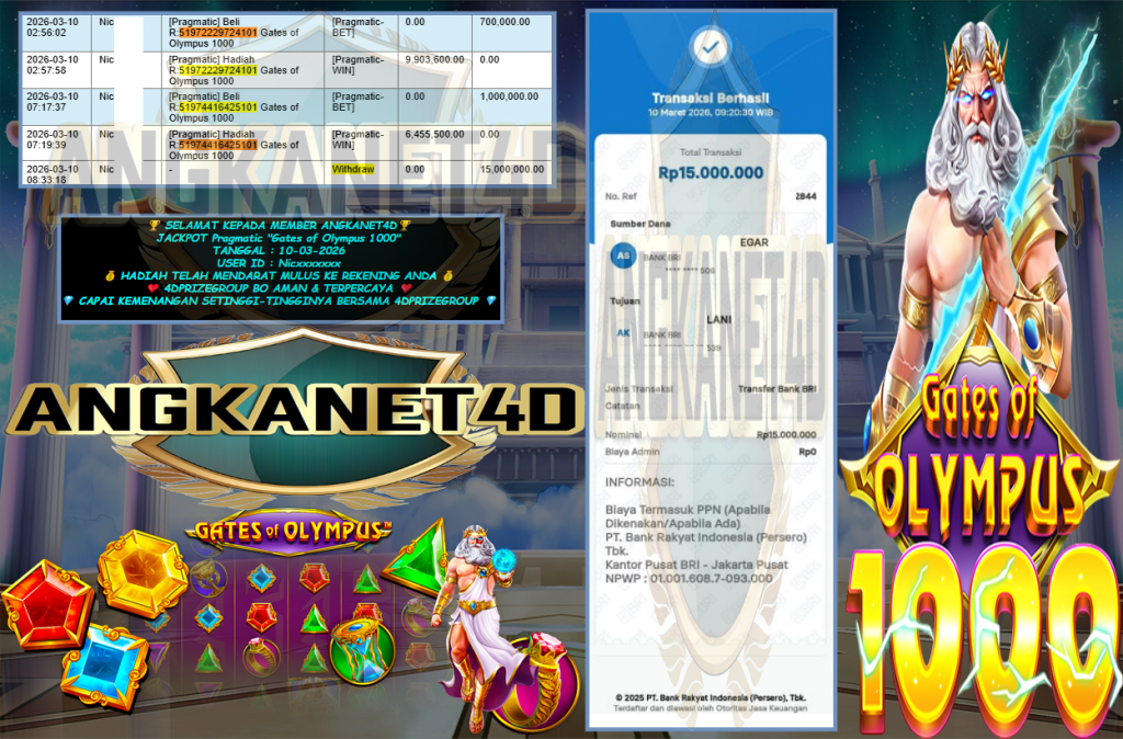 ANGKANET4D JACKPOT PRAGMATIC “Gates of Olympus 1000” Rp15.000.000,- LUNAS