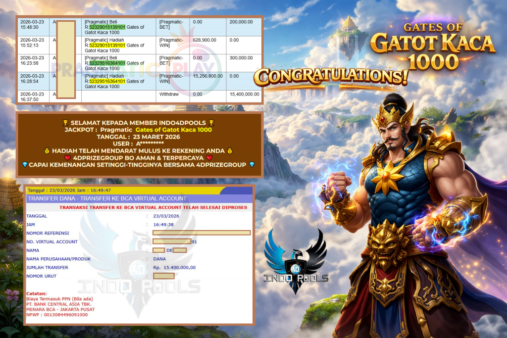 INDO4DPOOLS JACKPOT PRAGMATIC ” Gates of Gatot Kaca 1000 ” Rp 15.400.000,- LUNAS