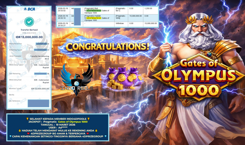 INDO4DPOOLS JACKPOT PRAGMATIC ” Gates of Olympus 1000 ” Rp 13.000.000,- LUNAS