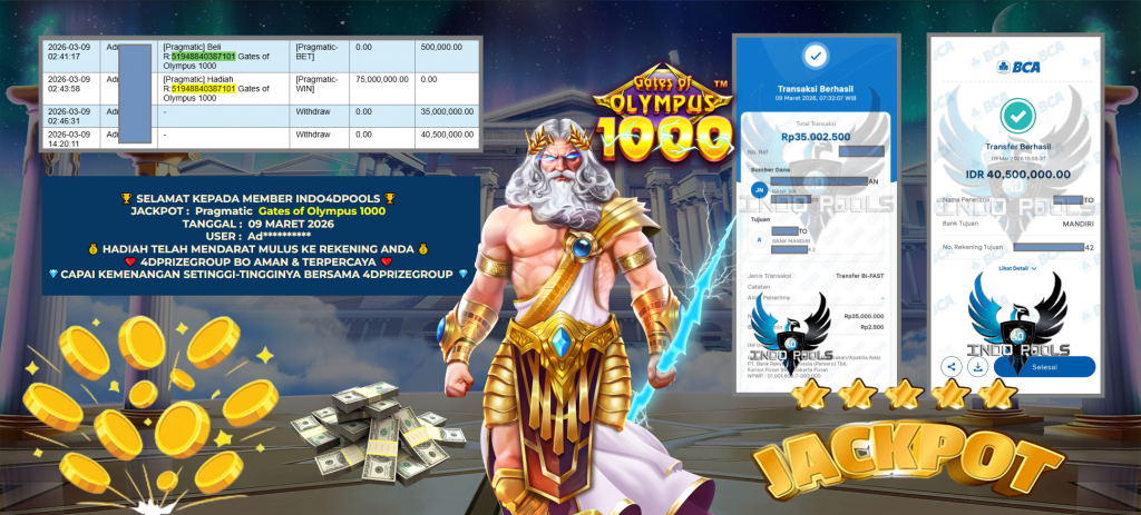 INDO4DPOOLS JACKPOT PRAGMATIC ” Gates of Olympus 1000 ” Rp 75.500.000 ,- LUNAS