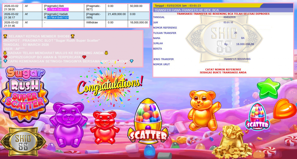 SHIO88 JACKPOT PRAGMATIC SLOT ”Sugar Rush Super Scatter” Rp18,00.000,- LUNAS