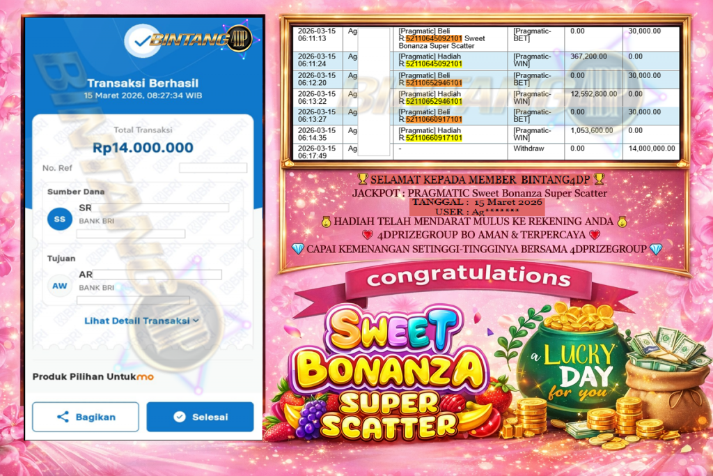BINTANG4DP JACKPOT PRAGMATIC ” Sweet Bonanza Super Scatter ” Rp 14,000,000,- LUNAS
