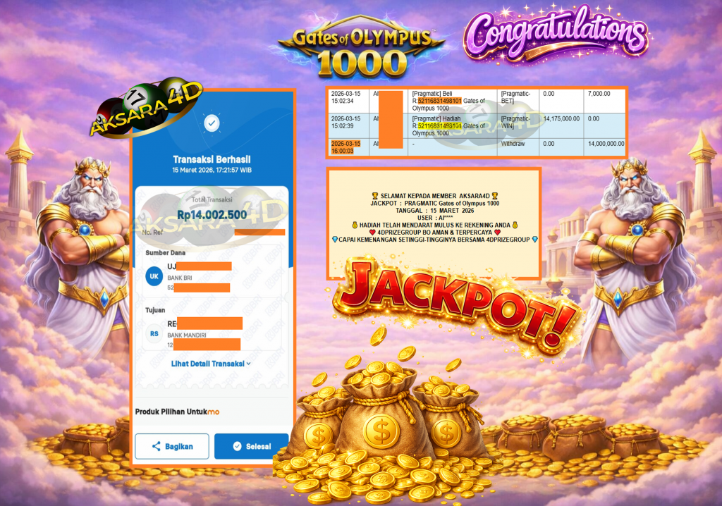 AKSARA4D JACKPOT PRAGMATIC “Gates of Olympus 1000″‎‏‏‎‎ Rp14.000.000,- LUNAS