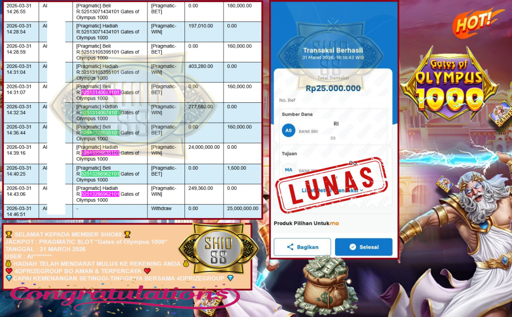 SHIO88 JACKPOT PRAGMATIC SLOT “Gates of Olympus 1000” Rp25.000.000,- LUNAS