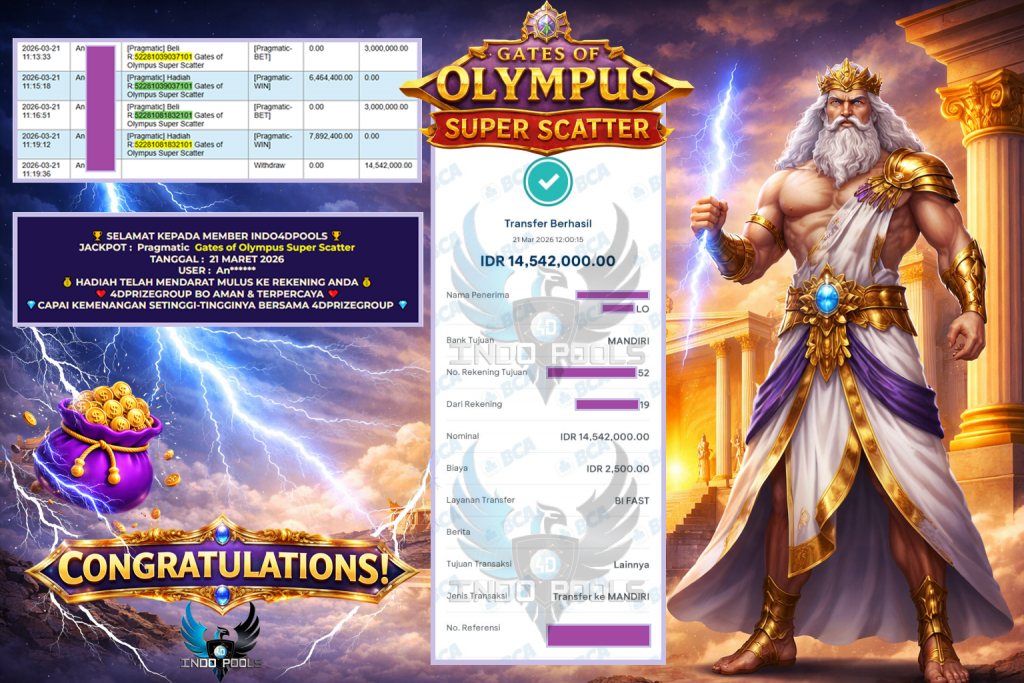 INDO4DPOOLS JACKPOT PRAGMATIC ” Gates of Olympus Super Scatter ” Rp 14.542.000,- LUNAS