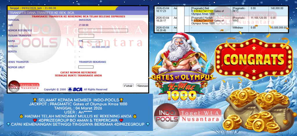 INDO-POOLS JACKPOT PRAGMATIC ” Gates of Olympus Xmas 1000 ” Rp 10,500,000,- LUNAS