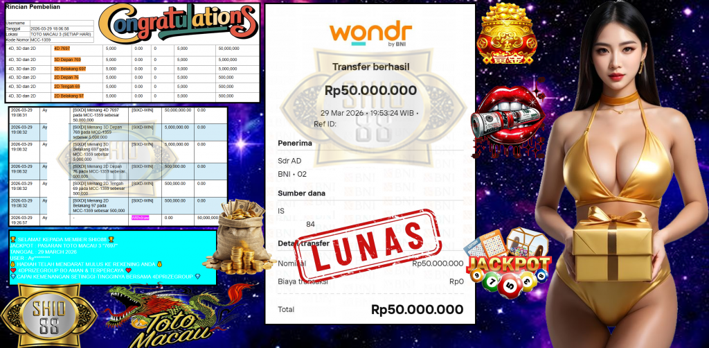 SHIO88 JACKPOT PASARAN TOTO MACAU 3 “7697” Rp50.000.000,- LUNAS