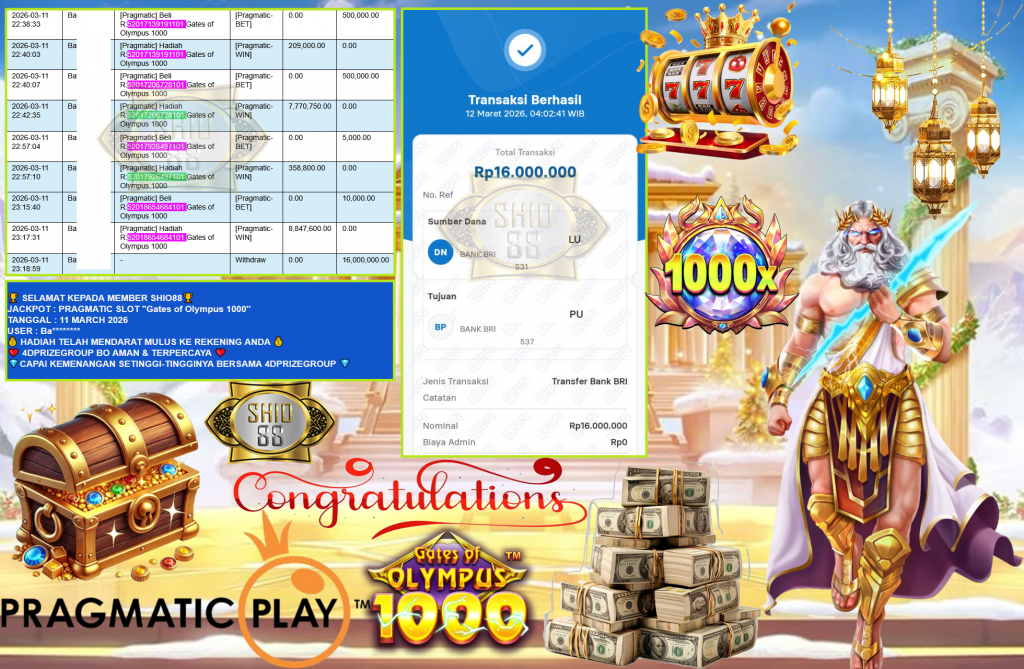 SHIO88 JACKPOT PRAGMATIC SLOT ”Gates of Olympus 1000” Rp16,000.000,- LUNAS