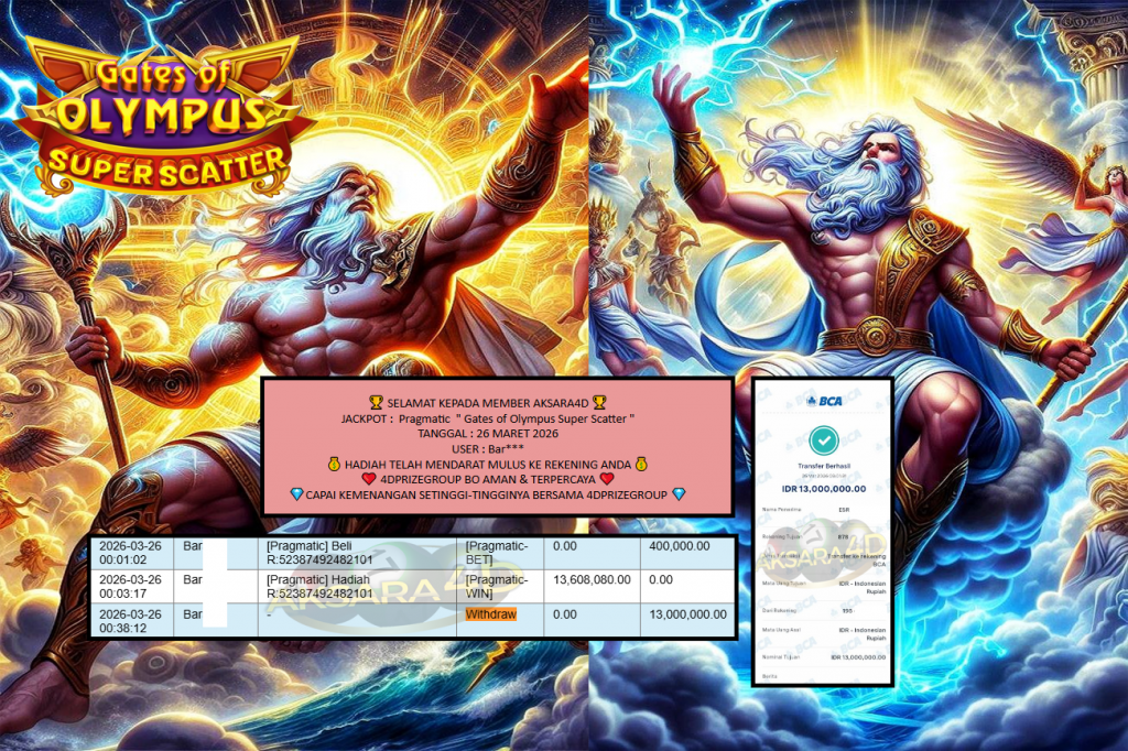 AKSARA4D JACKPOT Pragmatic ” Gates of Olympus Super Scatter ” Rp13.000.000,- LUNAS