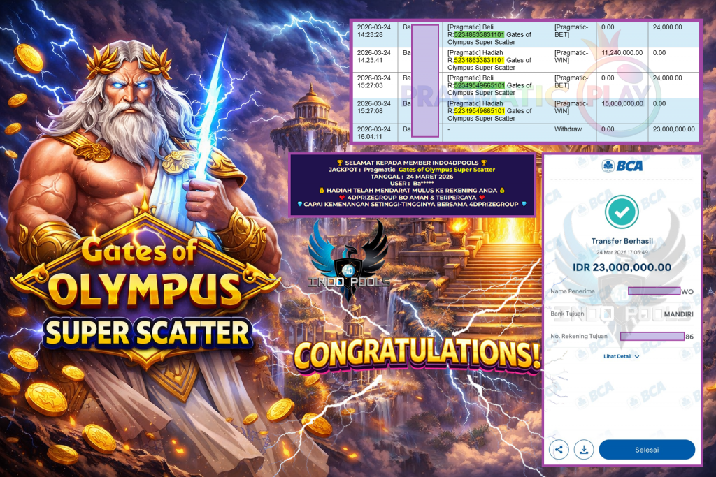 INDO4DPOOLS JACKPOT PRAGMATIC ” Gates of Olympus Super Scatter ” Rp 23.000.000,- LUNAS