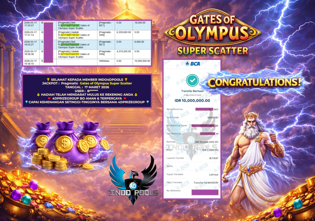 INDO4DPOOLS JACKPOT PRAGMATIC ” Gates of Olympus Super Scatter ” Rp 10.000.000,- LUNAS