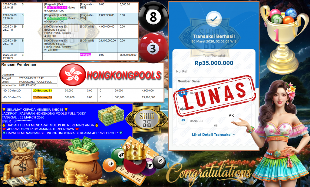 SHIO88 JACKPOT PASARAN HONGKONG POOLS FULL “0683” & PRAGMATIC SLOT ”Gates of Olympus 1000” Rp35.000.000,- LUNAS