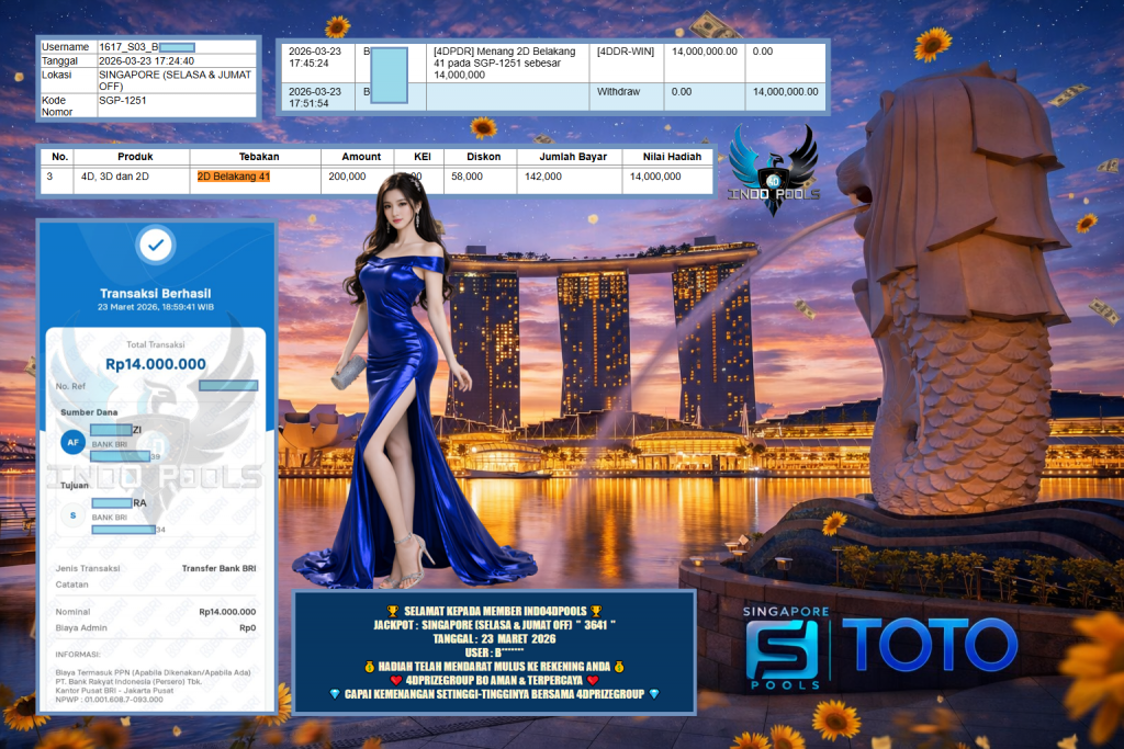 INDO4DPOOLS JACKPOT SINGAPORE (SELASA & JUMAT OFF) ” 3641 ” Rp 14.000.000,- LUNAS