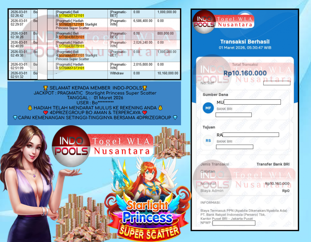 INDO-POOLS JACKPOT PRAGMATIC ” Starlight Princess Super Scatter” Rp 10.160.000,- LUNAS